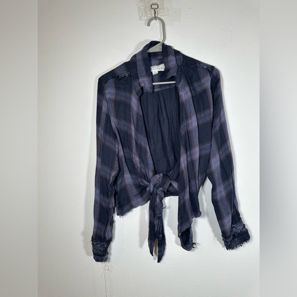 Vintage Havana Navy Frayed Plaid Blouse Wrap Top Shirt EUC - Picture 2 of 9